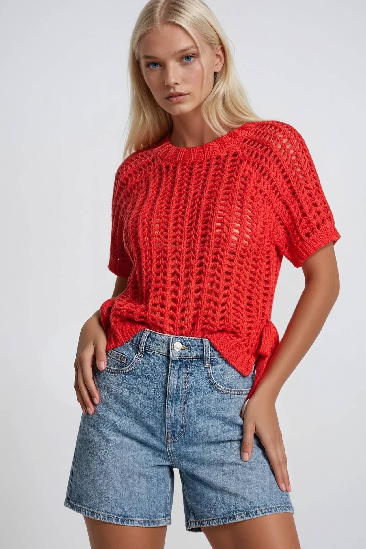 CHUNKY KNIT CROCHET SWEATER TOP WITH SIDE TIES