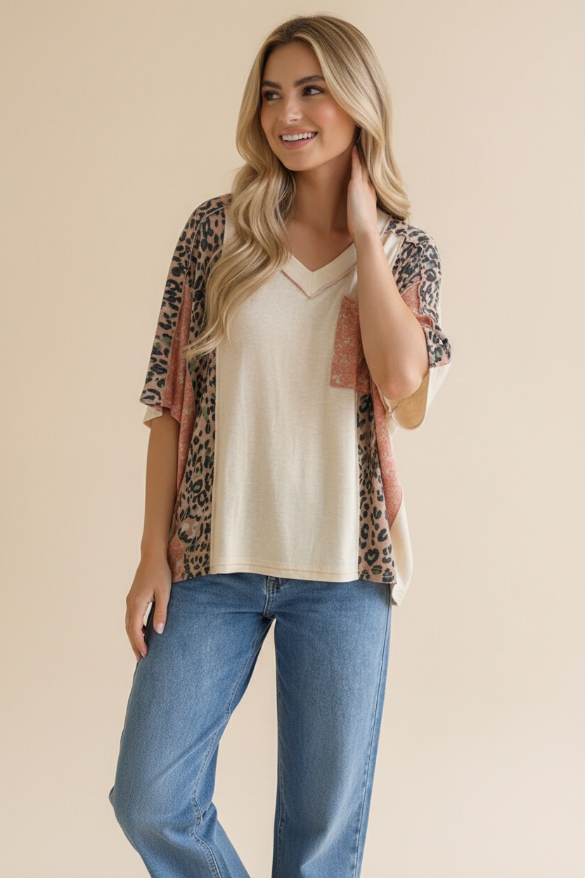 Plus Floral Leopard Color Block Dolman Knit Top