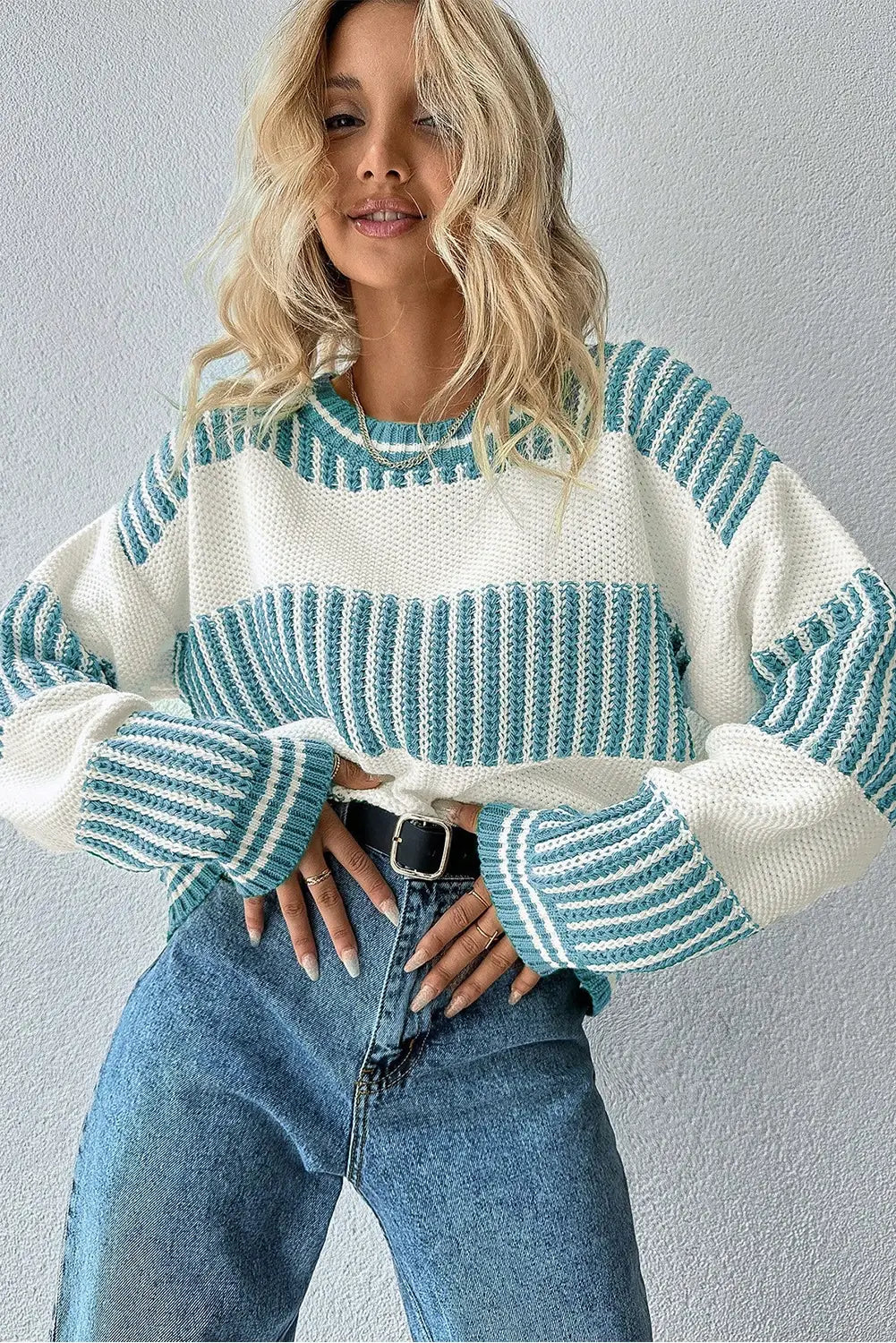 Two Tone Striped Patchwork Drop Shoulder Loose Sweater