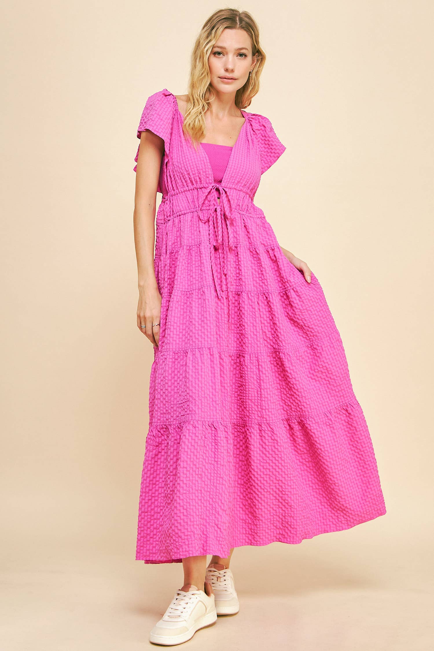 PLUS CRINKLED TEXTURE FLUTTER SHORT SLEEVE DRESS