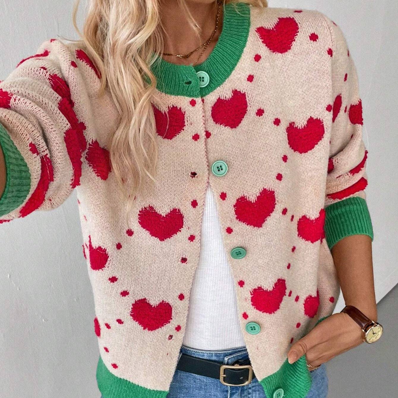 Valentine Day Heart Crochet Color Block Cardigan