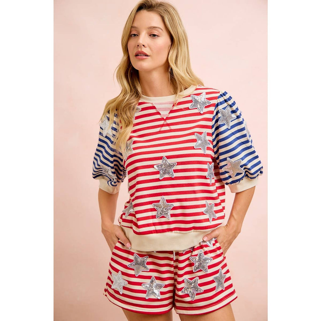 4TH OF JULY STRIPE STAR SEQUIN PATCH SHORT SLEEVES TOP