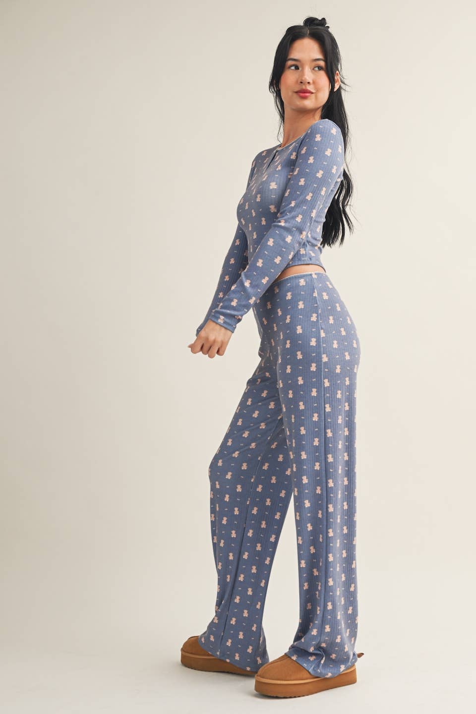 Crewneck Teddy Bear Print Pointelle Lounge Set