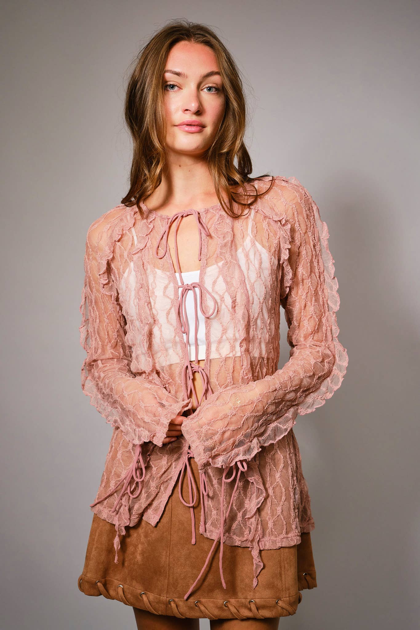 Sheer Ruffle Lace Tie Front Blouse