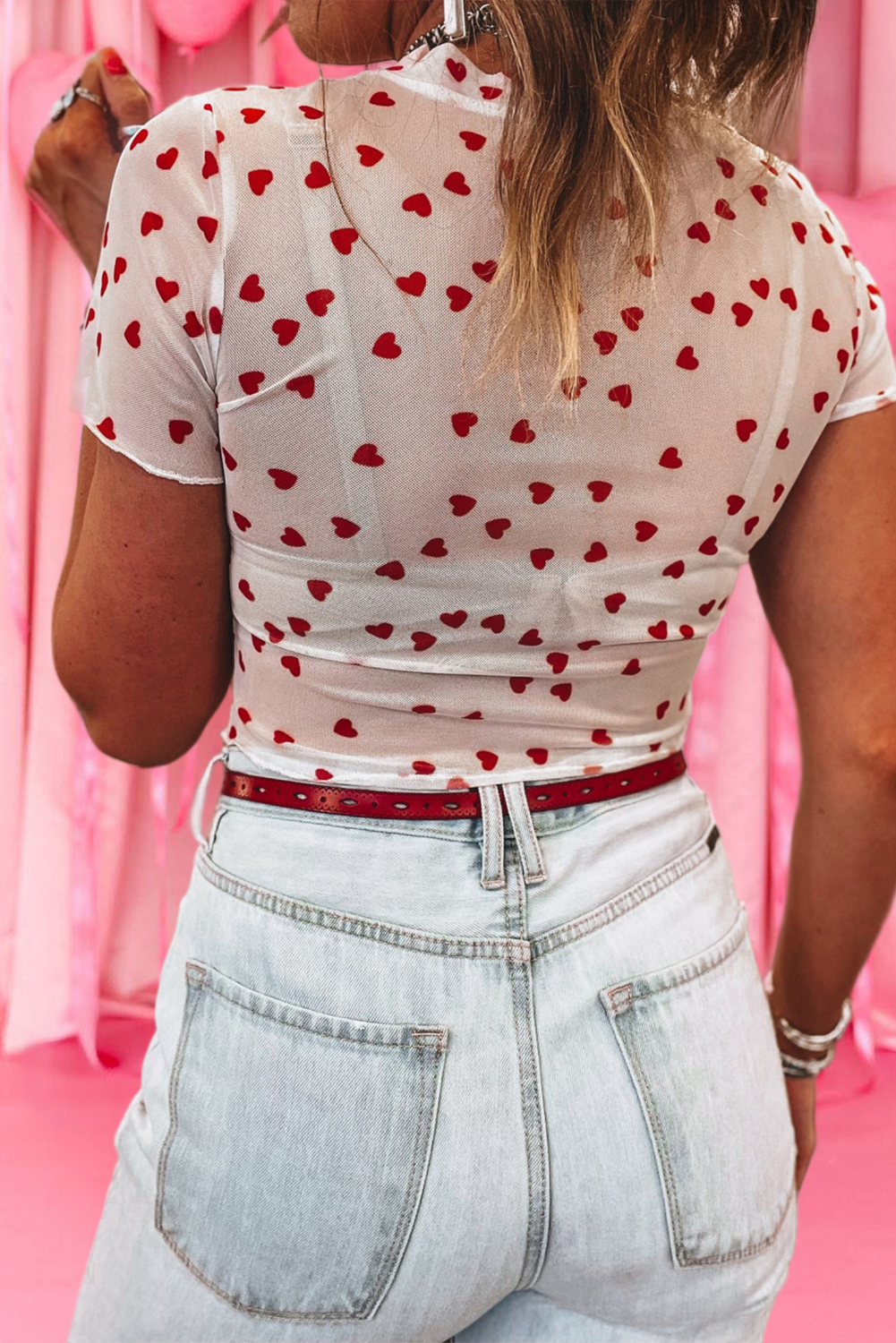 Heart Mock Neck Mesh Valentine's Day Top
