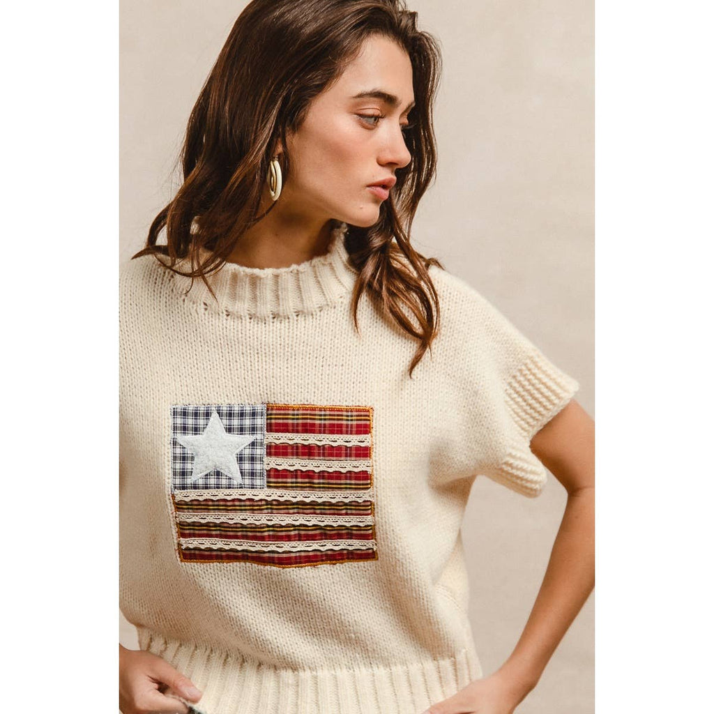 AMERICAN FLAG PATCHWORK DROP SHOULDER SWEATER