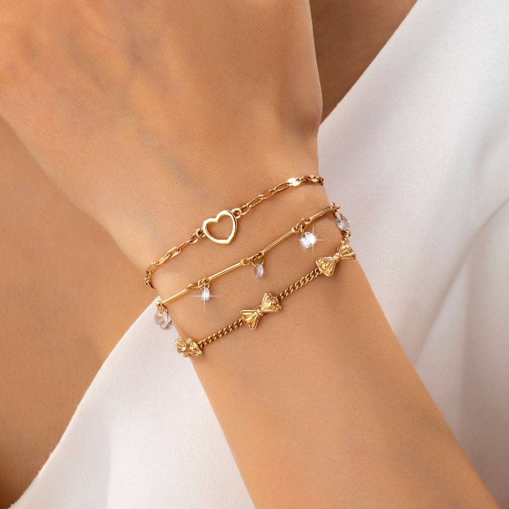 Crystal Drop Heart Bow Charm Multilayer Bracelet
