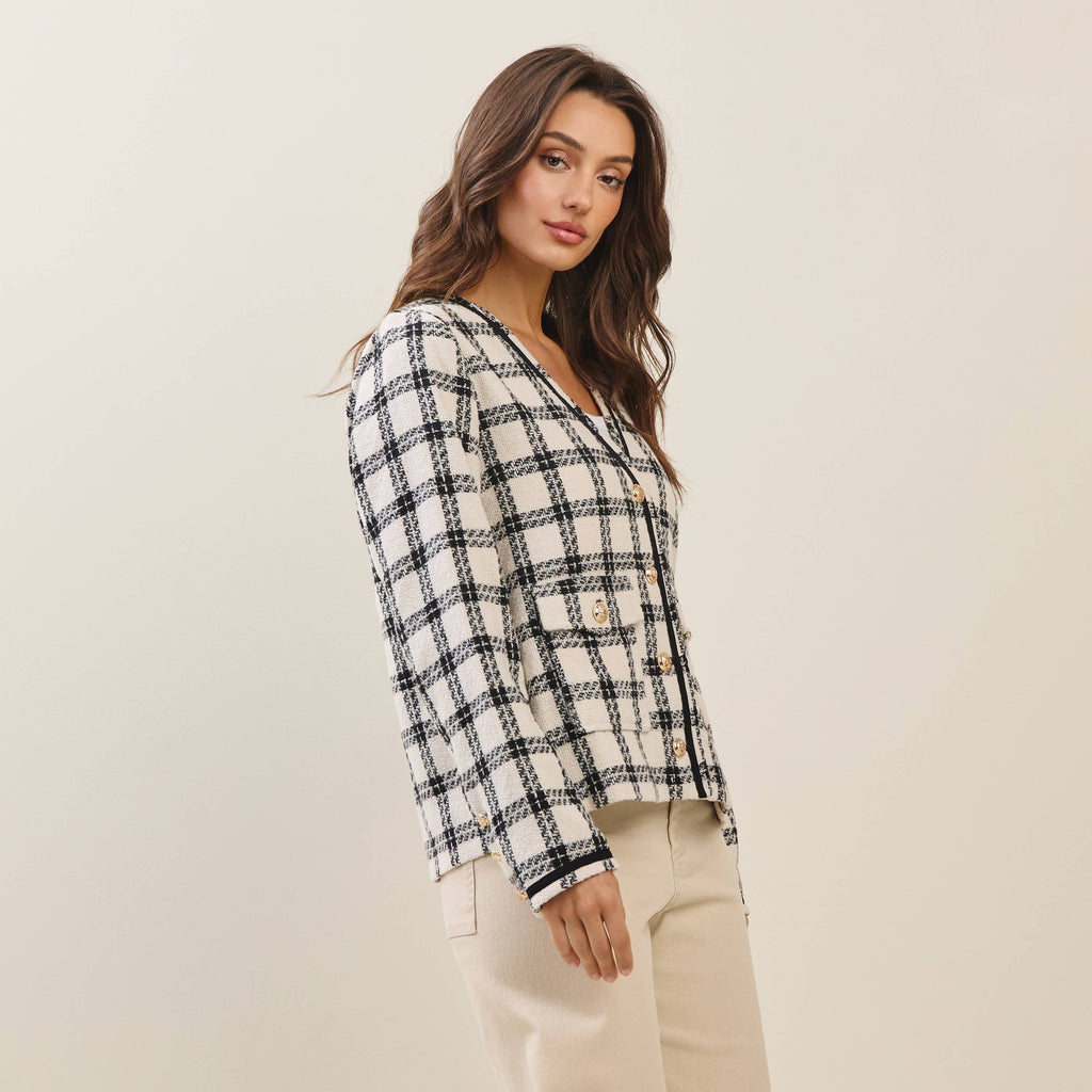 Plaid Collarless V-neck Jacket