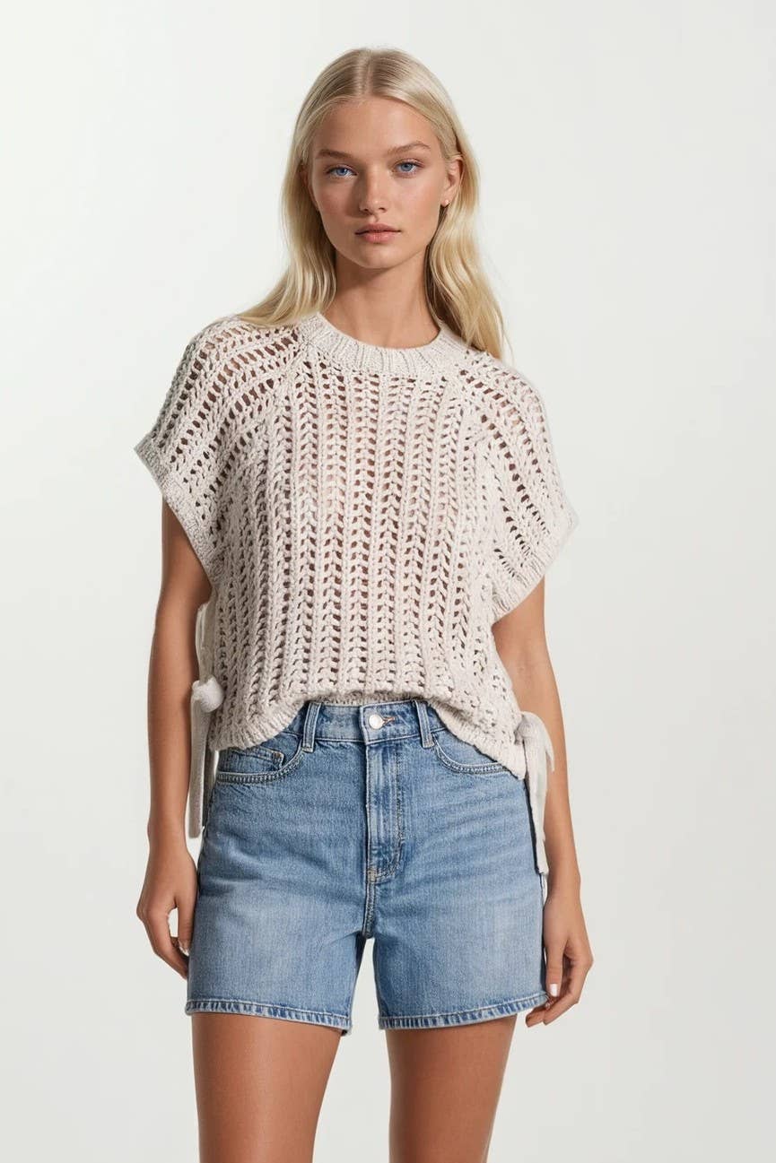 CHUNKY KNIT CROCHET SWEATER TOP WITH SIDE TIES