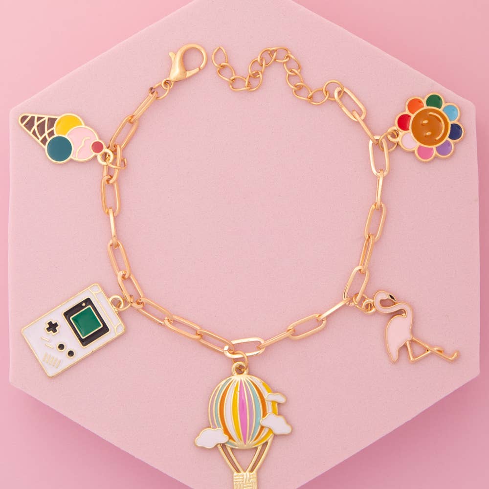 90’s Nostalgia Theme Charm Bracelet with Enamel Trinkets