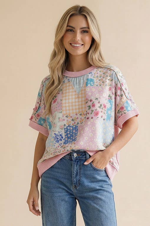 Plus Floral Patchwork Top With Triangle Detail