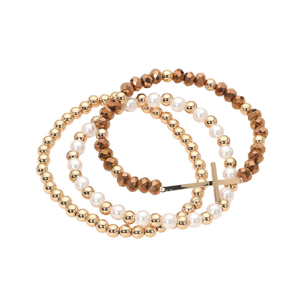 3PCS - Cross Charm Pearl Metal Ball Faceted Beaded Stretch Multi Layered Bracelets