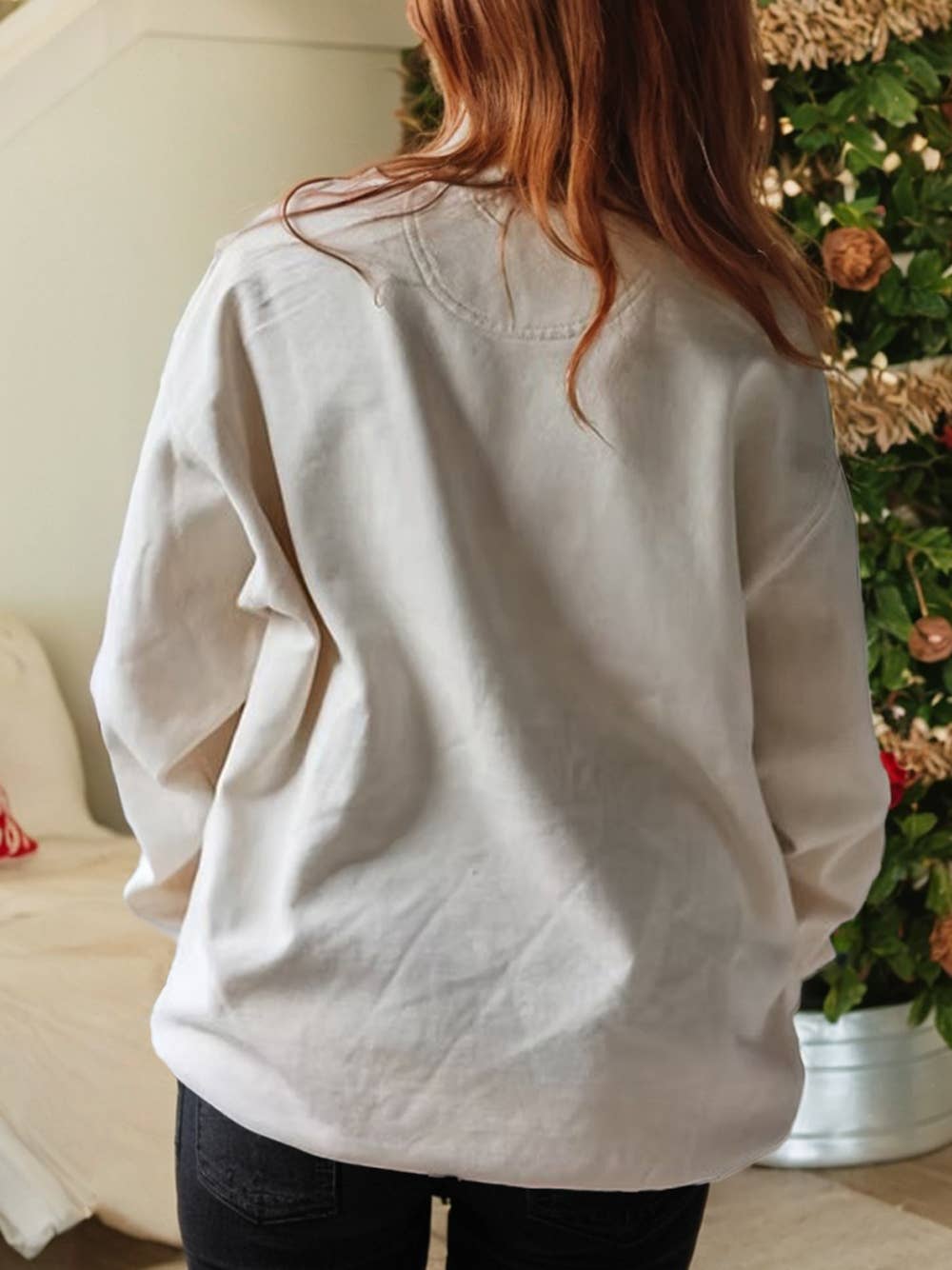 Pearl Plaid Christmas Tree Patched Drop Shoulder Sweatshirt