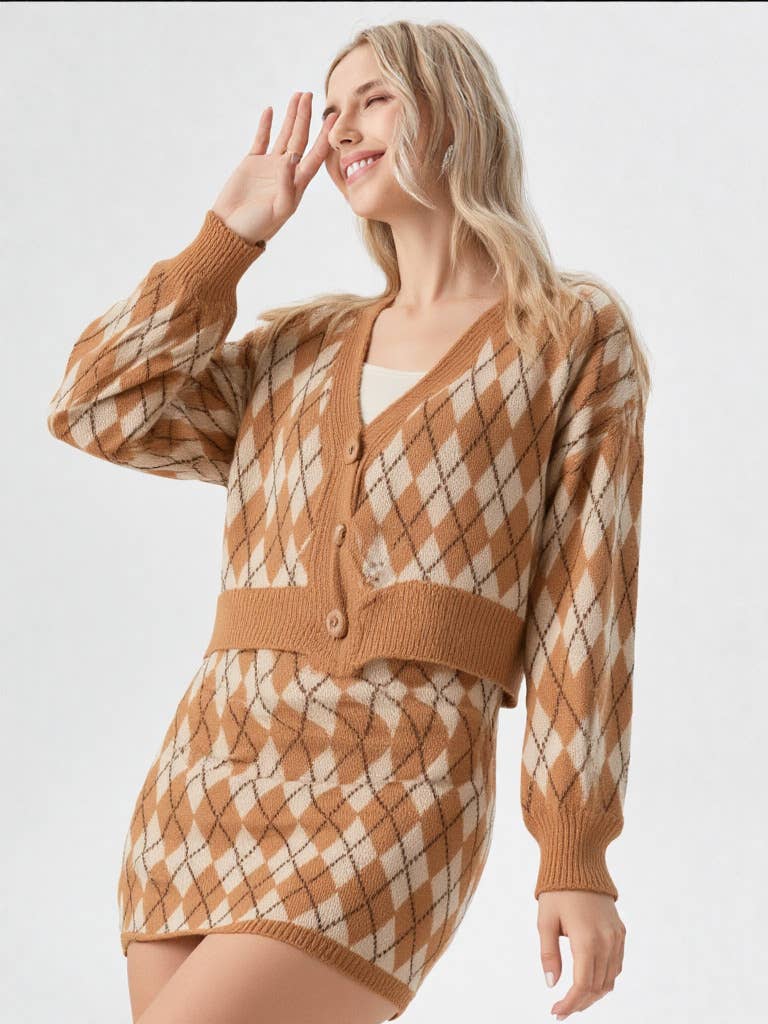 Argyle Pattern Knit Sweater Cardigan