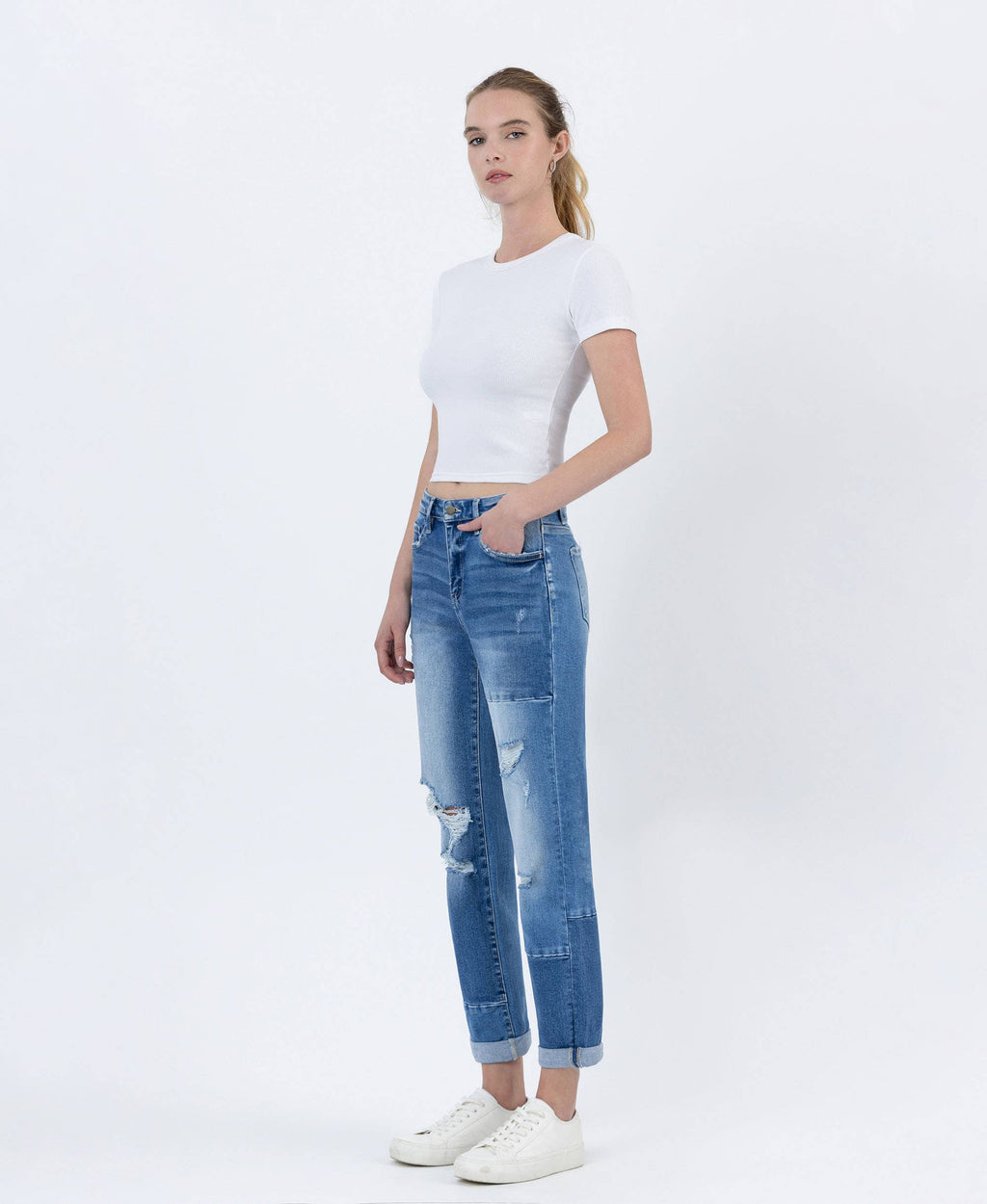 HIGH RISE COLOR BLOCK CUFFED BOYFRIEND JEANS - FLYING MONKEY