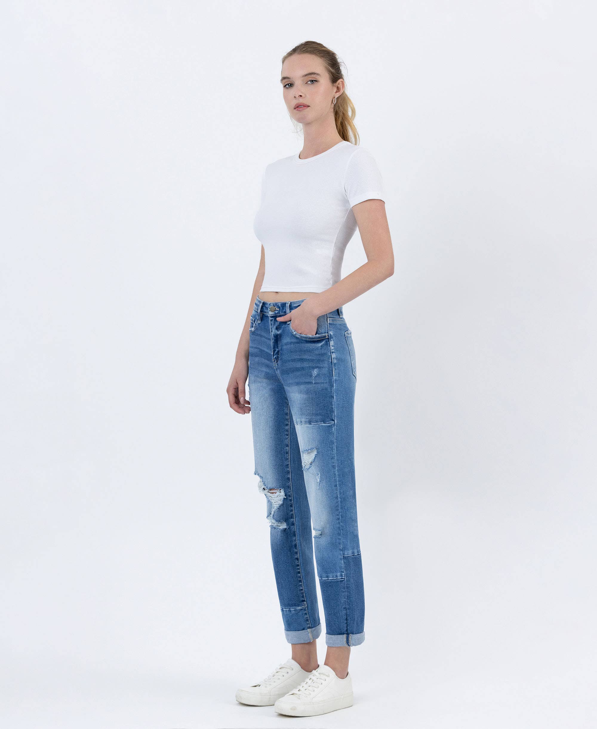 HIGH RISE COLOR BLOCK CUFFED BOYFRIEND JEANS - FLYING MONKEY