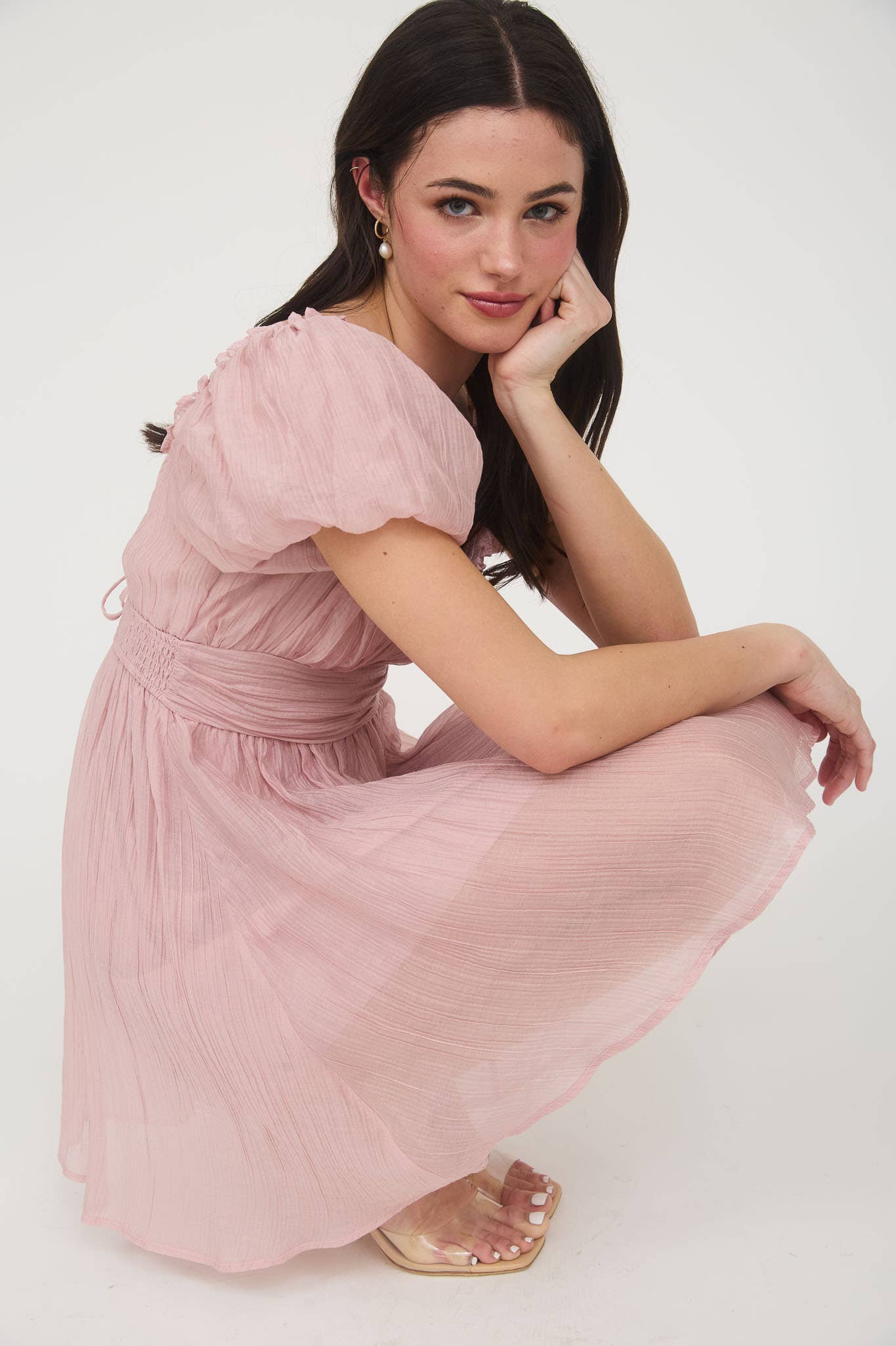 BALLOON SLEEVE RUFFLE TRIM BACK LACE UP MINI DRESS