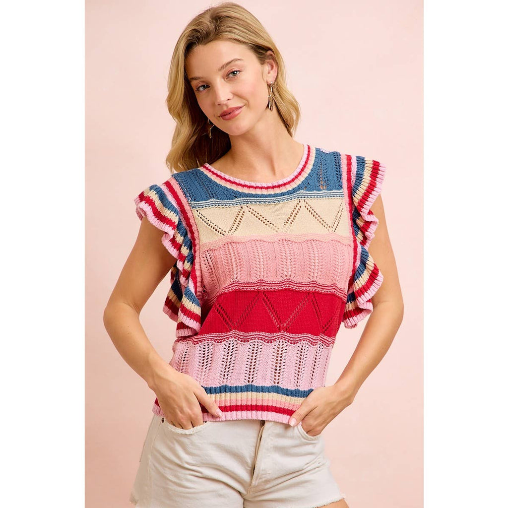 4TH OF JULY THEME MULTI COLORS RUFFLED SLEEVES TOP