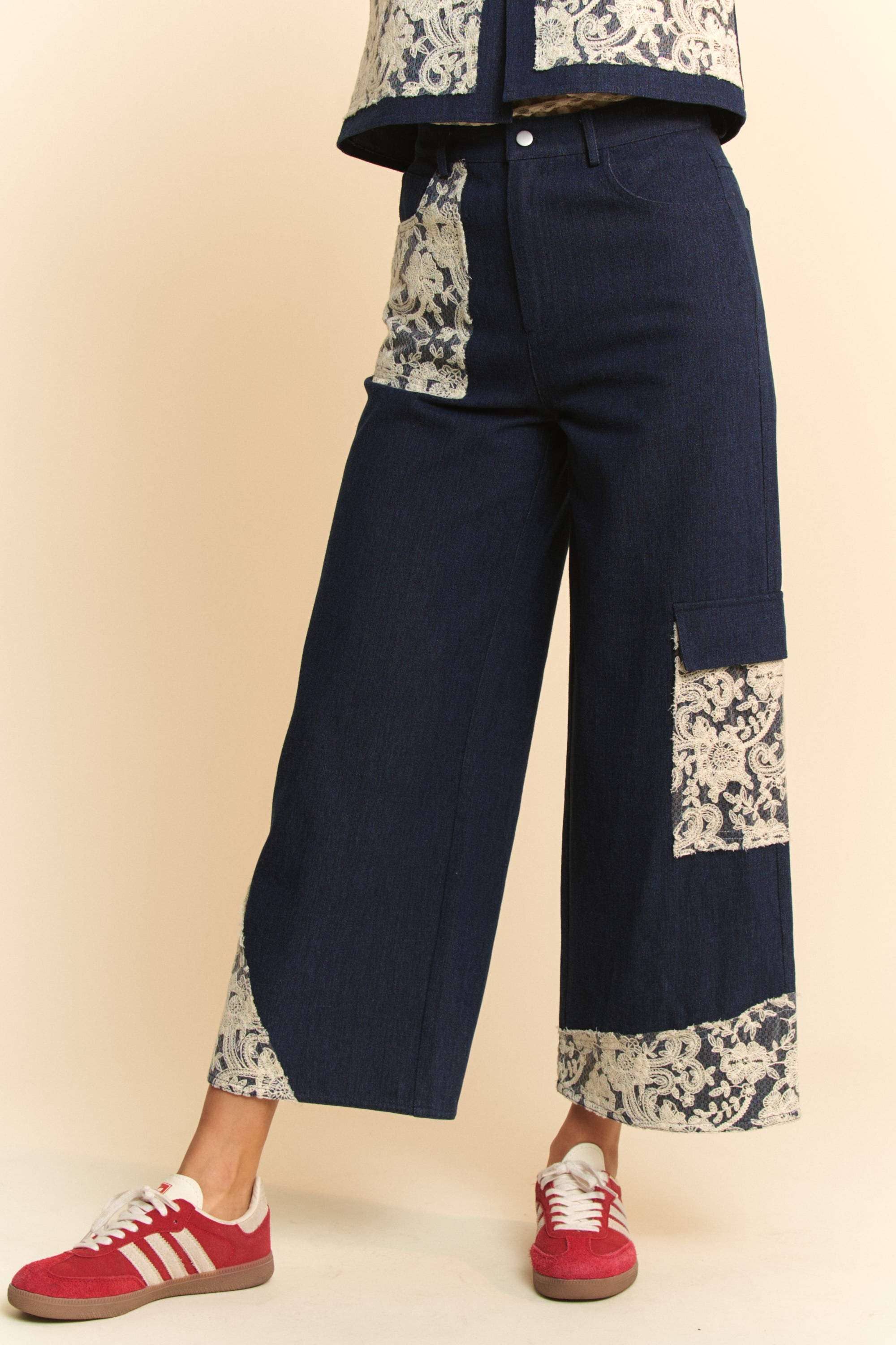WIDE LEG DENIM PANTS WITH LACE APPLIQUE DETAILS