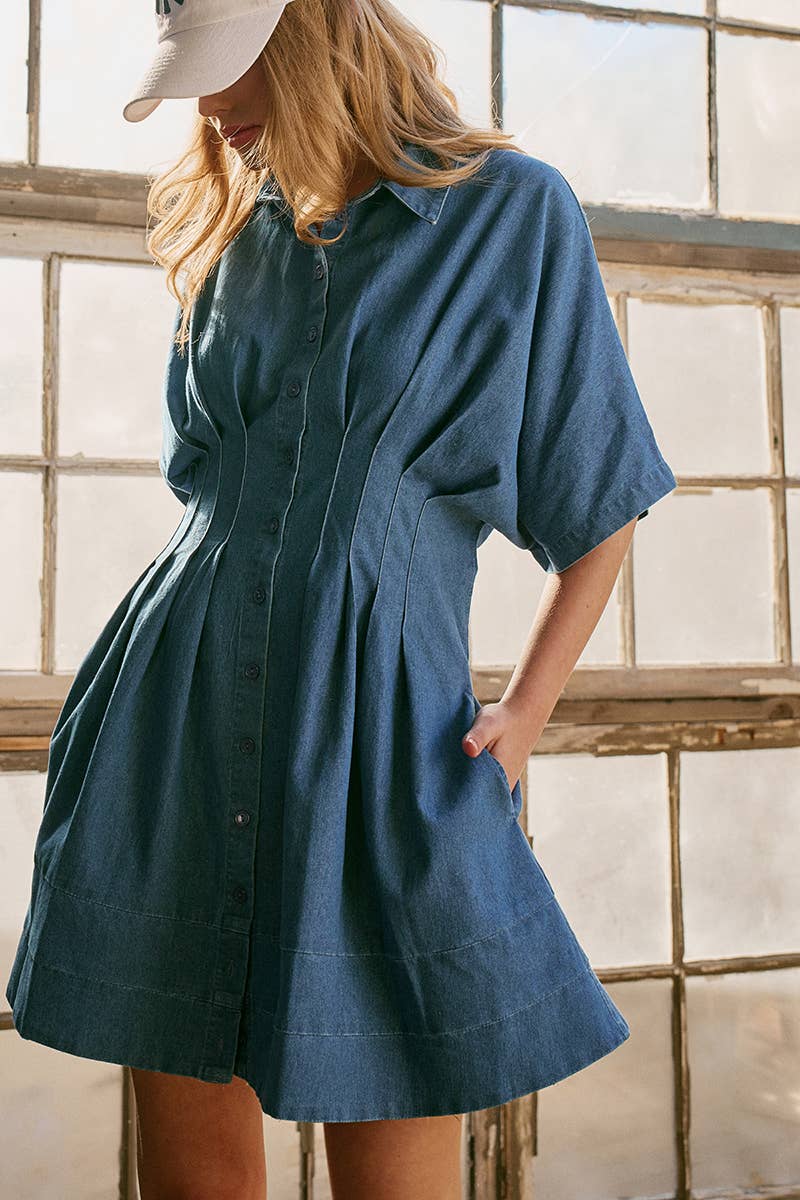 Tailored Waist Short Sleeve Denim Shirtdress