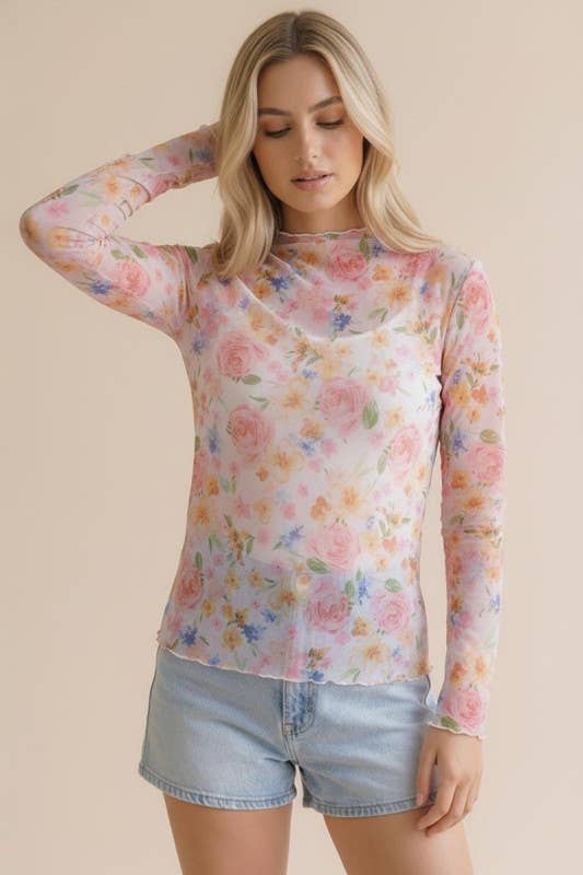 Plus Long Sleeve Floral Esh Semi Sheer Top