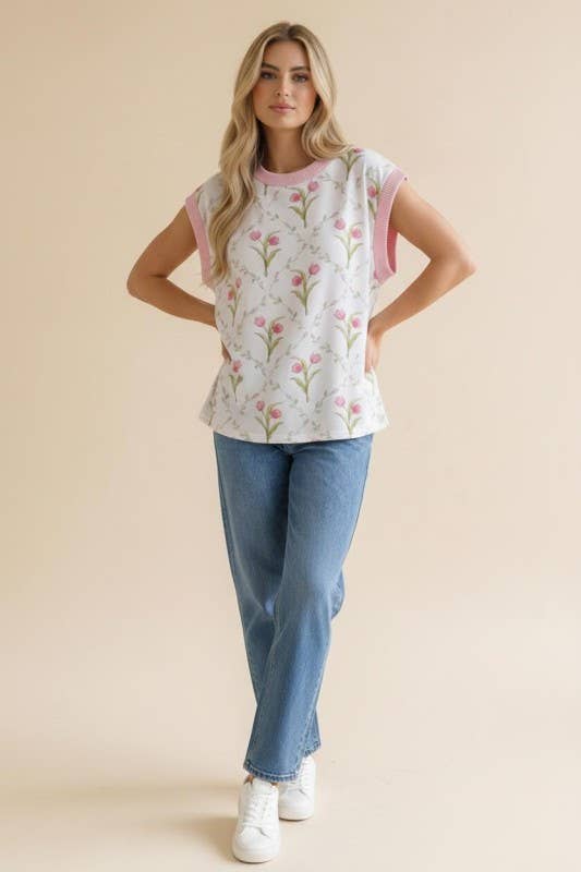 Drop Shoulder Short Sleeve Tulip Print Top