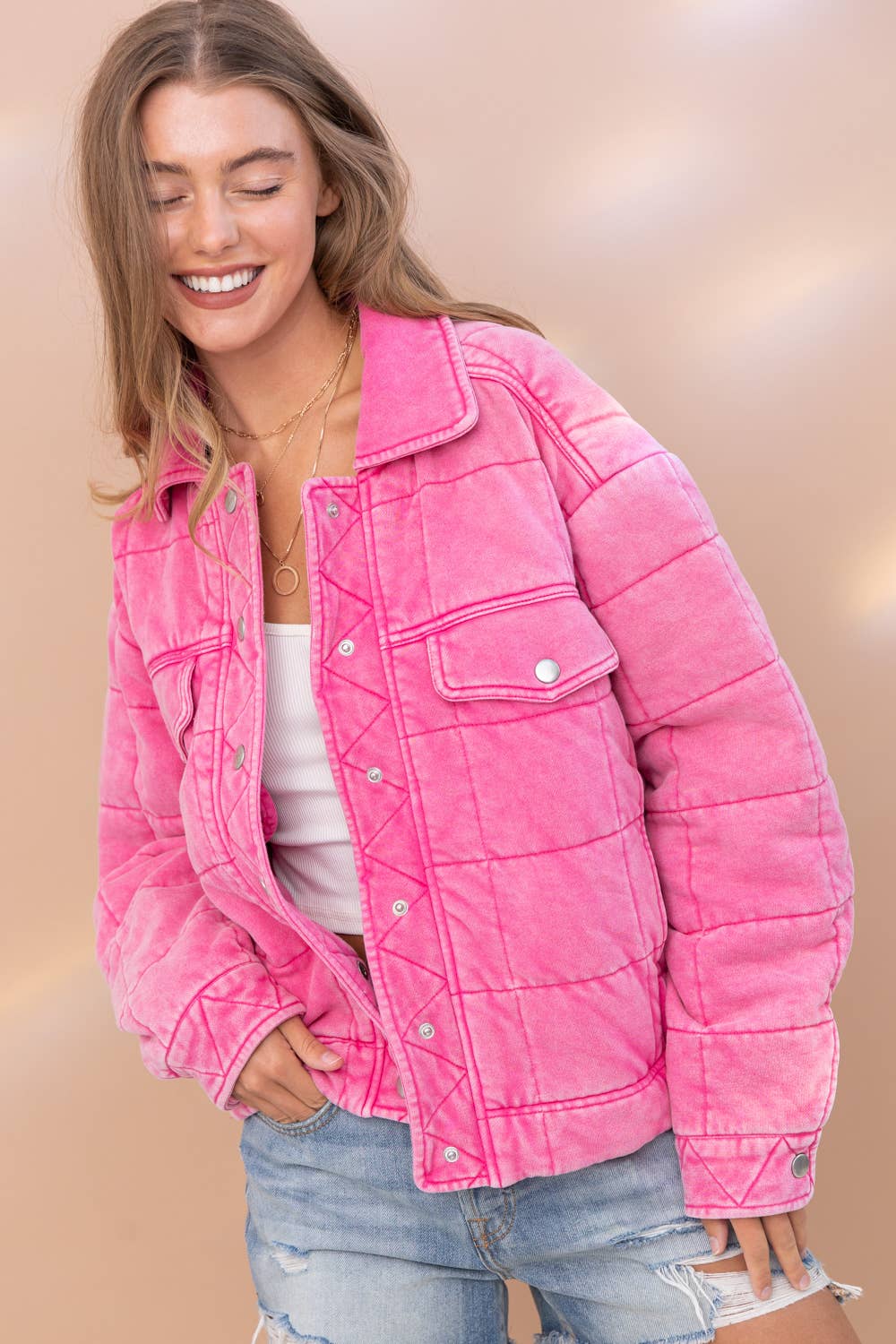 Garment Stone Washed Quilted Pocket Front Jacket