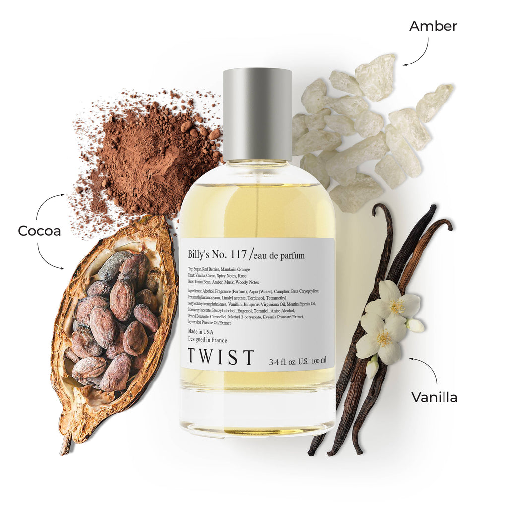 Perfume bottle labeled 'Billy's No. 117' with ingredients like cocoa, amber, vanilla, and an open pod of almonds on a white background.