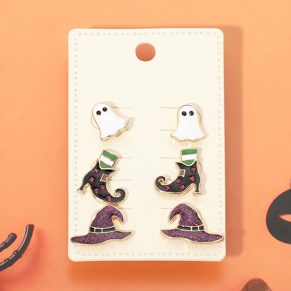 3Pairs - Halloween Ghost Witch Boot Hat Stud Earring Set