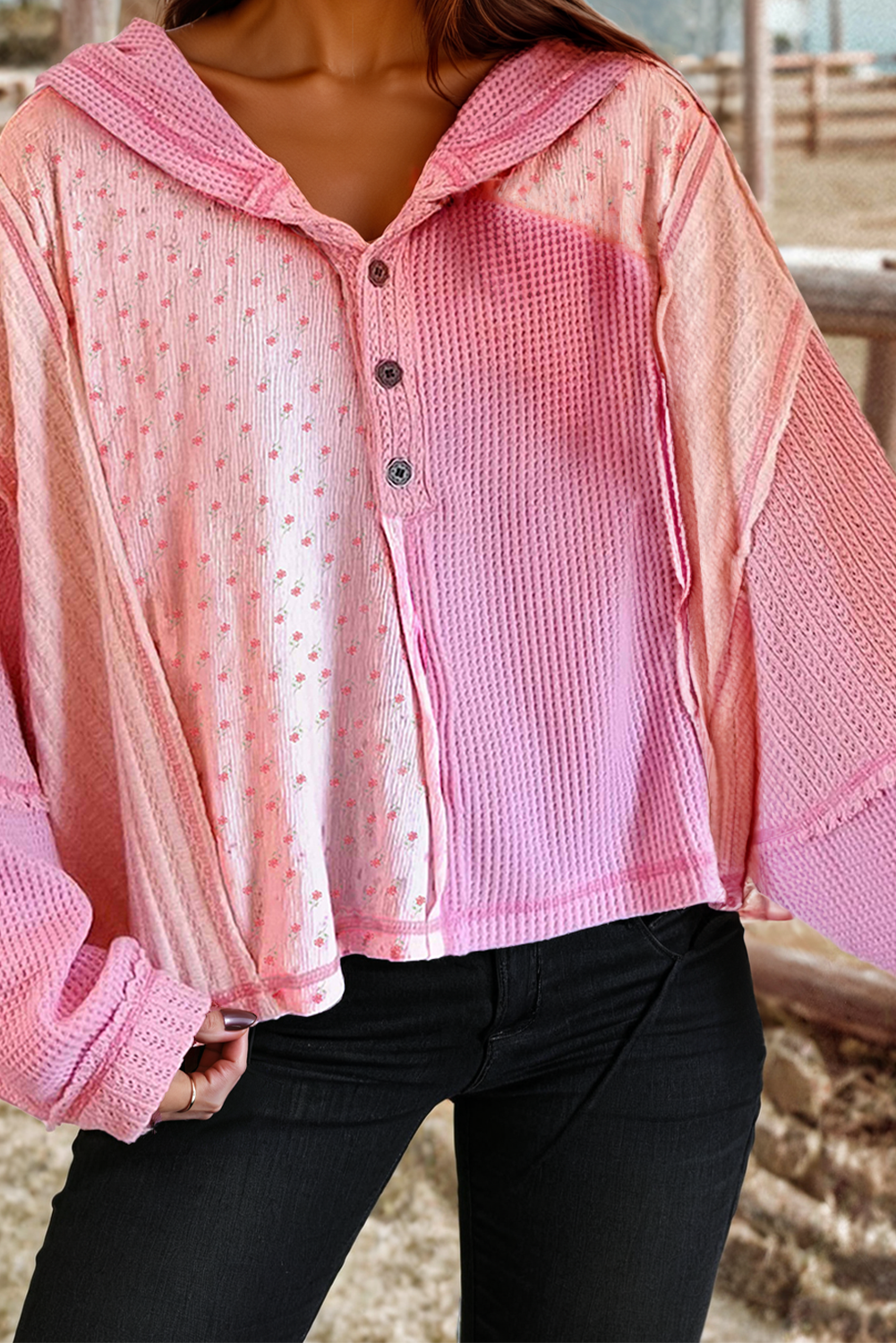 Pink Texture Floral Patched Hooded Oversize Pullover
