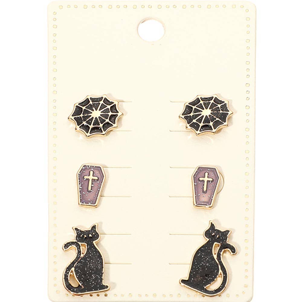 3Pairs - Halloween Black Cat Spider Web Coffin Stud Earring Set