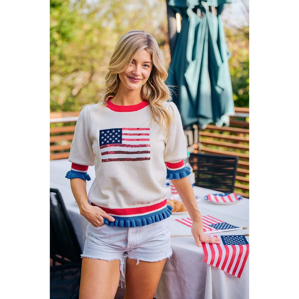 4TH OF JULY SEQUIN AMERICA FLAG RUFFLE KNIT TOP