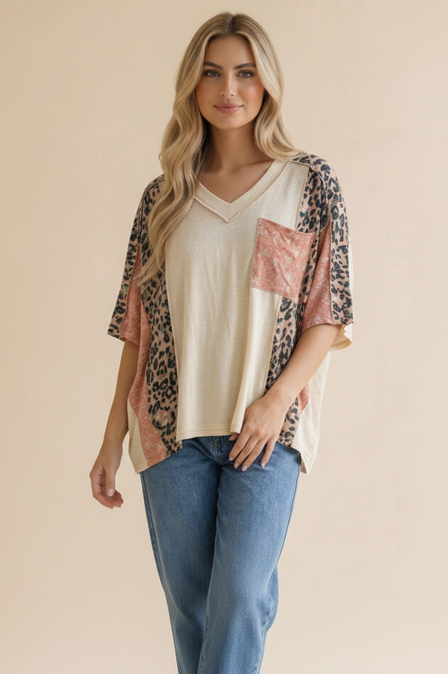 Plus Floral Leopard Color Block Dolman Knit Top