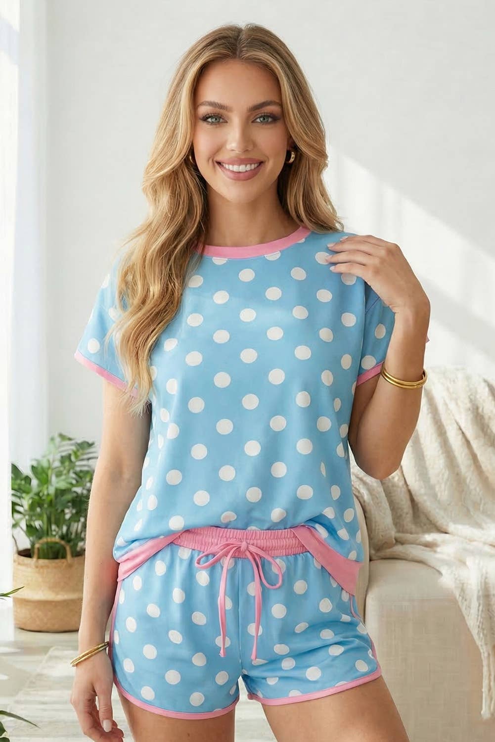 Polka Dot Contrast Edge Casual Short Set
