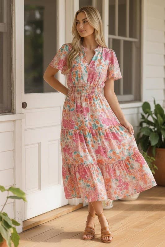 Notch Neck Smocked Waist Maxi Floral Dress