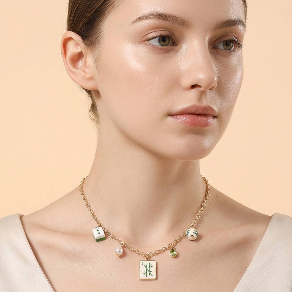 Mahjong Tile Pearl Stone Charm Necklace