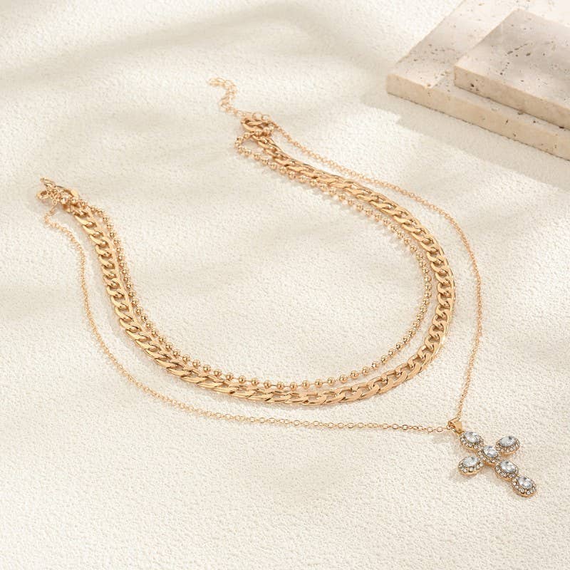 RHINESTONE CROSS MULTI LAYER NECKLACE