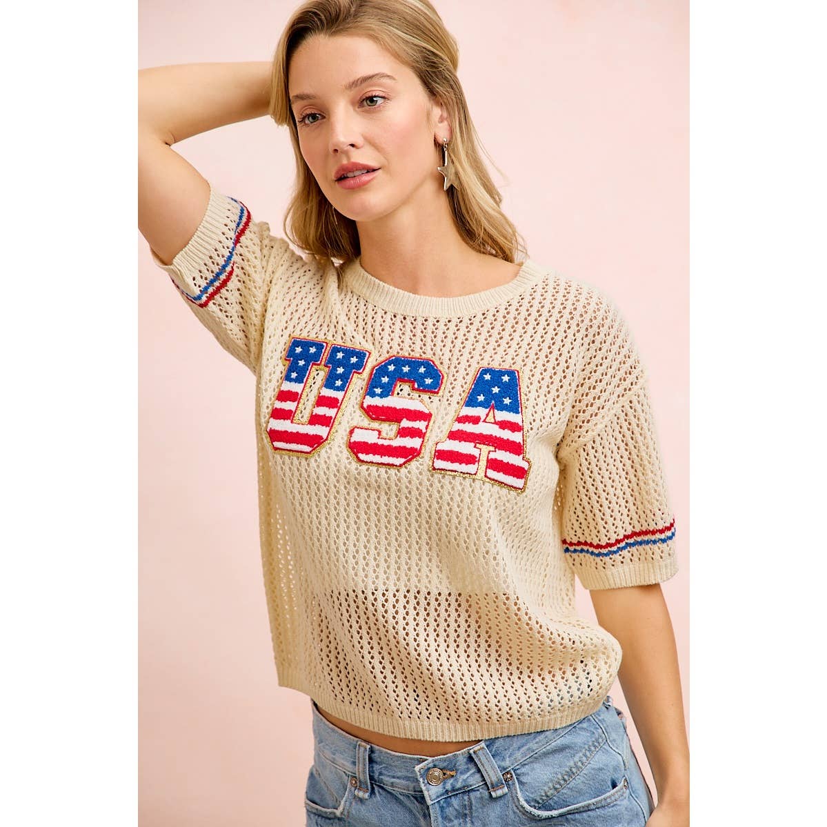 4TH OF JULY USA LETTERING PATHCH OPEN KNIT TOP
