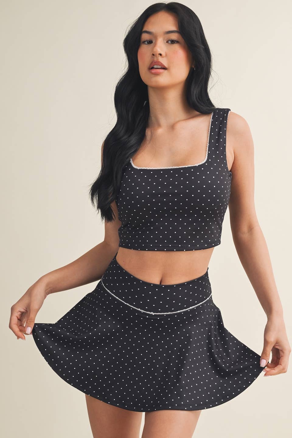 Polka Dot Print Mini Circle Skort with Bow Back and Lace Tri