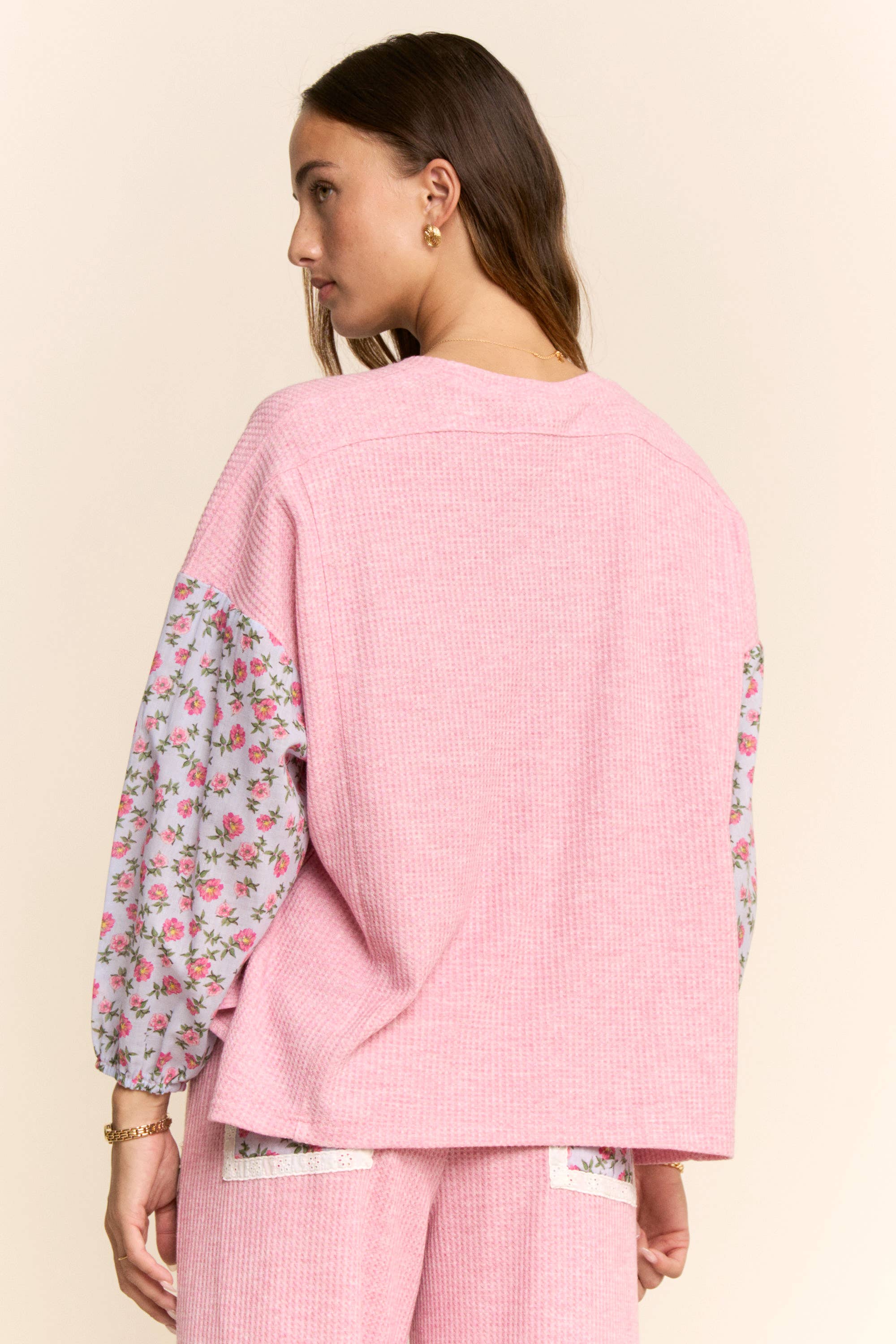 WAFFLE KNIT FLOWER PRINT LACE ELASTIC WAIST PANT