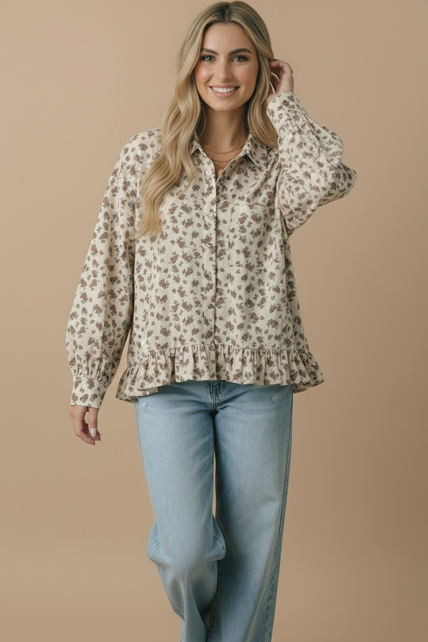 Collared Floral Peplum Hem Babydoll Shirt