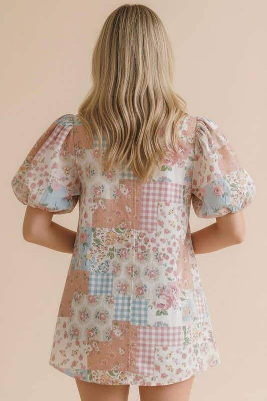 Plus Notch Neck Puff Sleeve Floral Patchwork Top