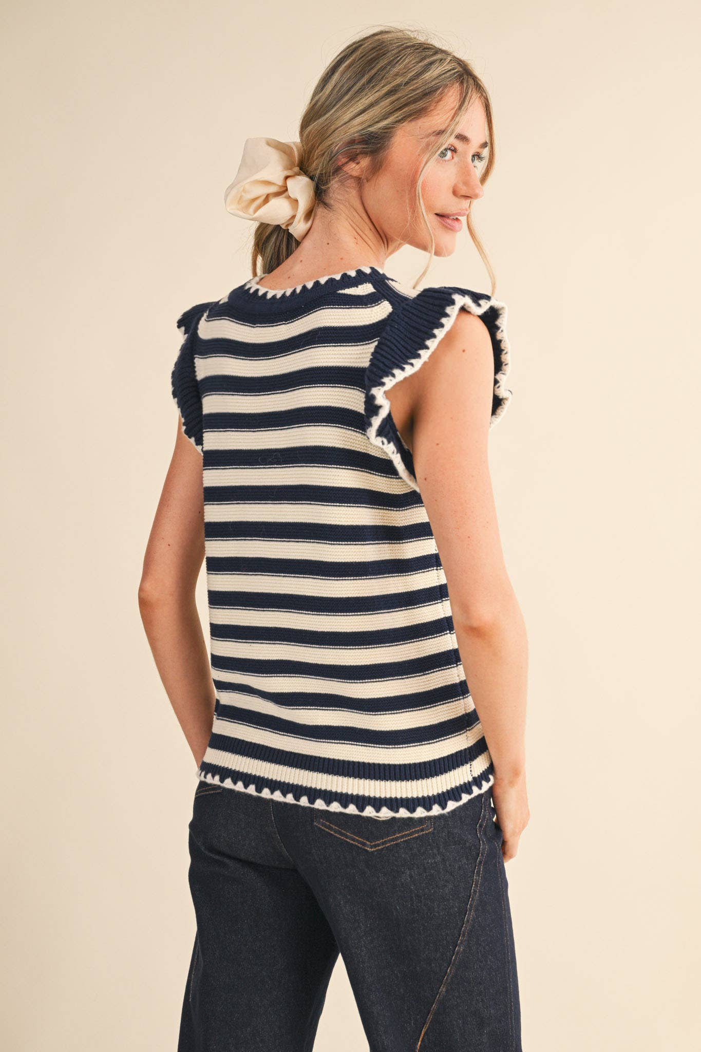 STRIPED FLUTTER SLEEVE SWEATER TOP