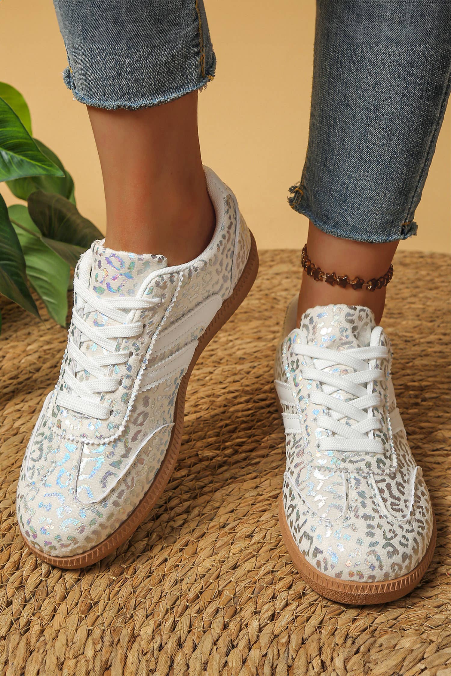 Leather Detail Shimmer Leopard Printed Lace-up Sneakers