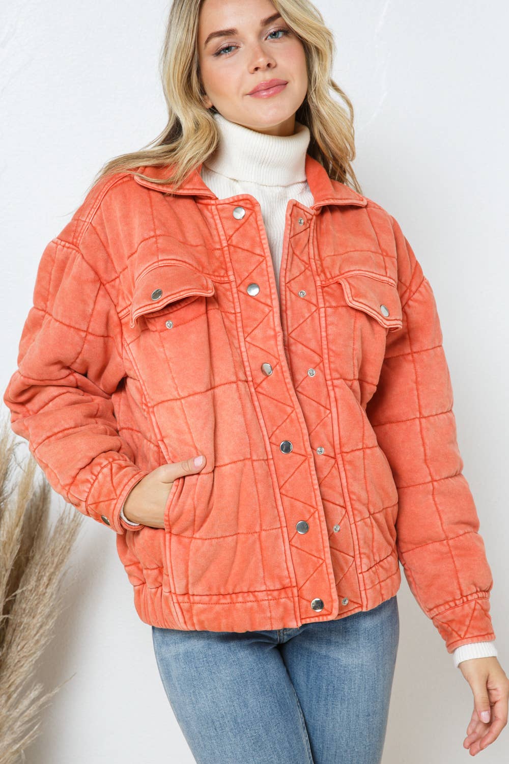 Garment Stone Washed Quilted Pocket Front Jacket