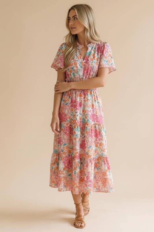 Notch Neck Smocked Waist Maxi Floral Dress