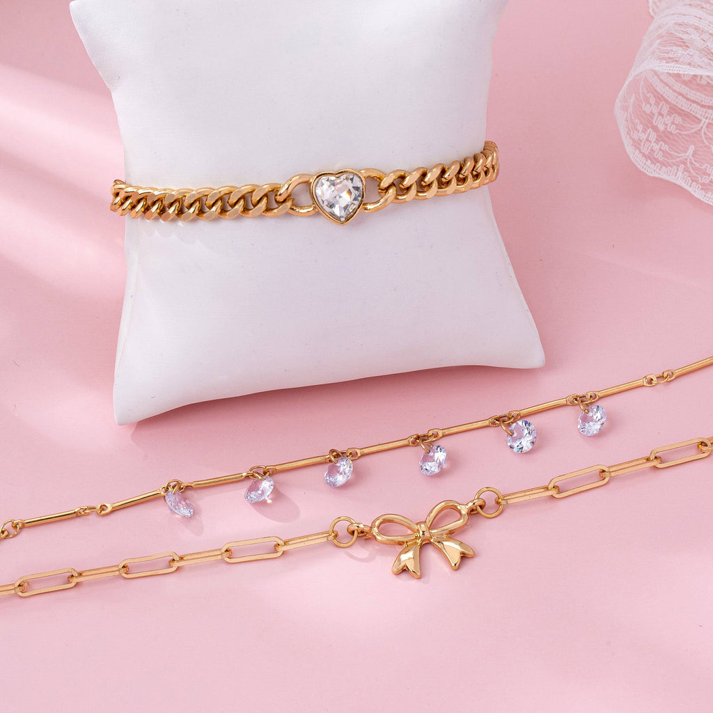 Bow & Crystal Heart Charm Layered Bracelet Set
