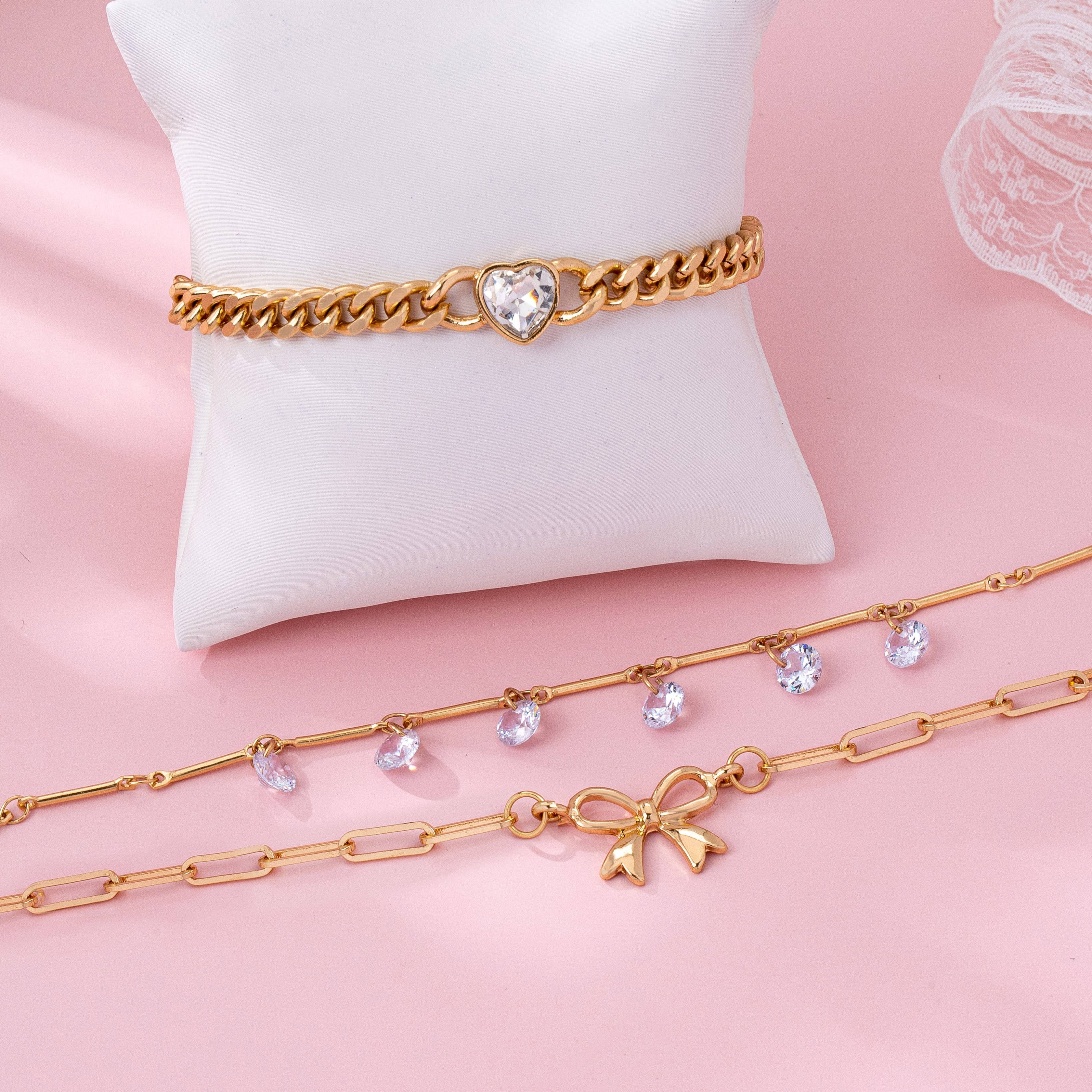 Bow & Crystal Heart Charm Layered Bracelet Set