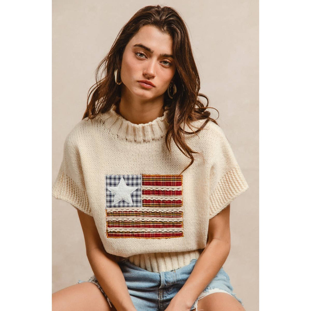 AMERICAN FLAG PATCHWORK DROP SHOULDER SWEATER