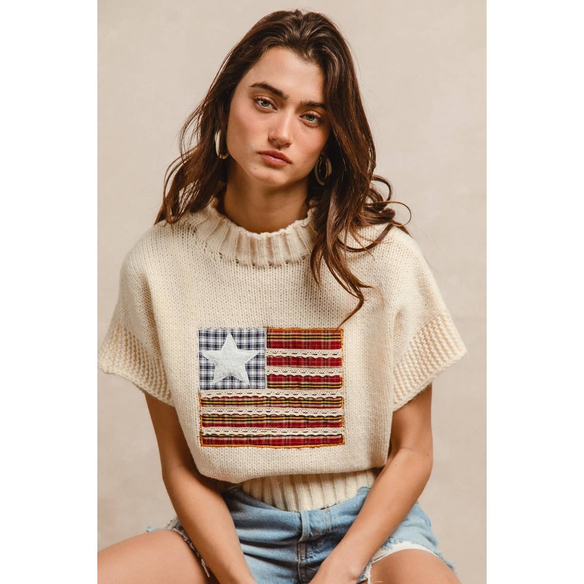 AMERICAN FLAG PATCHWORK DROP SHOULDER SWEATER